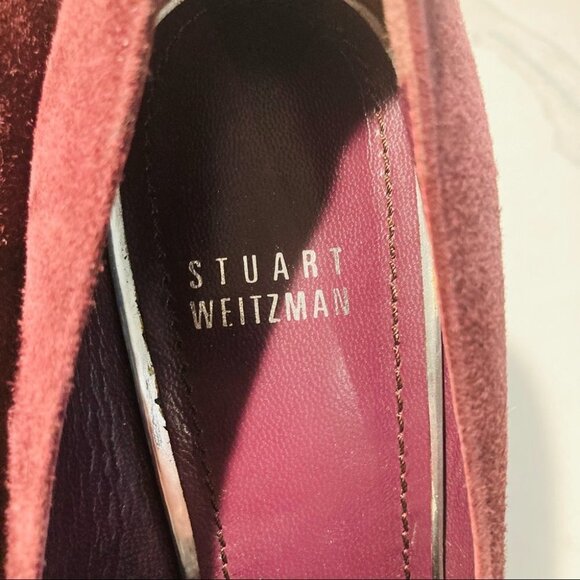 STUART WEITZMAN Sz 8.5 Burgundy Red Suede Heels Platform Woodgrain Design Shoes - Picture 10 of 10